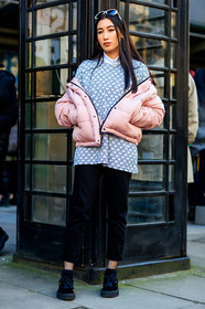 AUTUMN WINTER 2017-2018, AW 17-18, black pants, black shoes, blue sweater, down jacket, FALL WINTER 2017-2018, fashion week, frenchystyle, full length, FW, FW 17-18, jonathan paciullo, LFW, LONDON, pink jacket, printed sweater, puma, street style, trousers, velvet, vertical