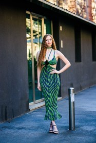 green longdress, cut out dress, printed dress, green choker, black sandals, pleated dress, optical print dress, larsen thompson, fashion week, frenchystyle, FW, jonathan paciullo, street style, vertical, full length