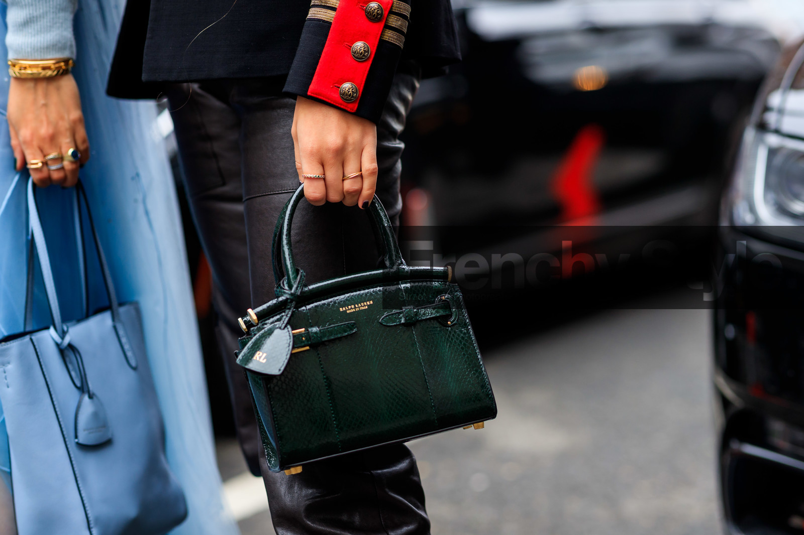 black jacket, black pants, green bag, leather bag, leather pants, ralph lauren, trousers, xenia adonts, frenchystyle, jonathan paciullo, street style, NYFW, NEW YORK, AUTUMN WINTER 2019-2020, AW 19-20, FALL WINTER 2019-2020, FW 19-20, fashion week, FW, atmosphere details, horizontal, detail