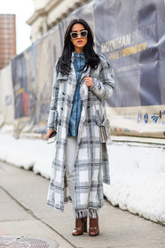 animal print, AUTUMN WINTER 2016-2017, AW 16-17, beige coat, blue denim, brown boots, denim shirt, FALL WINTER 2016-2017, fashion week, frenchystyle, full length, FW, FW 16-17, gucci, high boots, high heels, jonathan paciullo, leather bag, leather boots, long coat, NEW YORK, NYFW, street style, striped coat, sunglasses, tartan, vertical, woman
