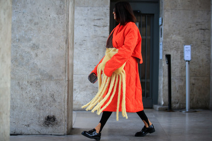 orange coat, quilted coat, down jacket, light yellow bag, fur bag, fringe bag, black leather loafers, prada shoes, black legging, legging pants, fashion week, frenchystyle, FW, jonathan paciullo, street style, PFW, PARIS, SPRING SUMMER 2021, SS 21, horizontal, atmosphere details, detail