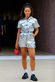 silvered jumpsuit, short sleeves jumpsuit, jumpsuit, short jumpsuit, belted jumpsuit, zipped jumpsuit, dior bag, dior jumpsuit, dior total look, red leather bag, hand bag, quilted bag, lady dior bag, mini bag, white socks, black leather shoes, black leather derbies, big sole derbies, big sole shoes, laced shoes, prada shoes, lena mahfouf, fashion week, frenchystyle, FW, jonathan paciullo, street style, PFW, PARIS, AUTUMN WINTER 2021-2022, FALL WINTER 2021-2022, FW 21-22, vertical, full length