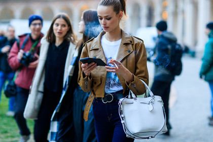 black belt, blue denim, camel jacket, denim pants, jeans, leather bag, leather belt, leather jacket, leather perfecto, printed t shirt, pulled back hair, trousers, white bag, white t shirt, fashion week, frenchystyle, FW, jonathan paciullo, street style, MFW, MILAN, AUTUMN WINTER 2018-2019, FALL WINTER 2018-2019, FW 18-19, horizontal, atmosphere details, model