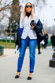 black bag, black jacket, black mules, black shoes, black turtleneck, blue denim, boy bag, chanel, denim pants, dyed hair, high heels, jeans, leather bag, leather shoes, off the shoulder, pink hair, sunglasses, trousers, tweed jacket, white jacket, fashion week, frenchystyle, FW, jonathan paciullo, street style, PFW, PARIS, SPRING SUMMER 2017, SS 17, HAUTE COUTURE, vertical, full length, Charlotte Groeneveld