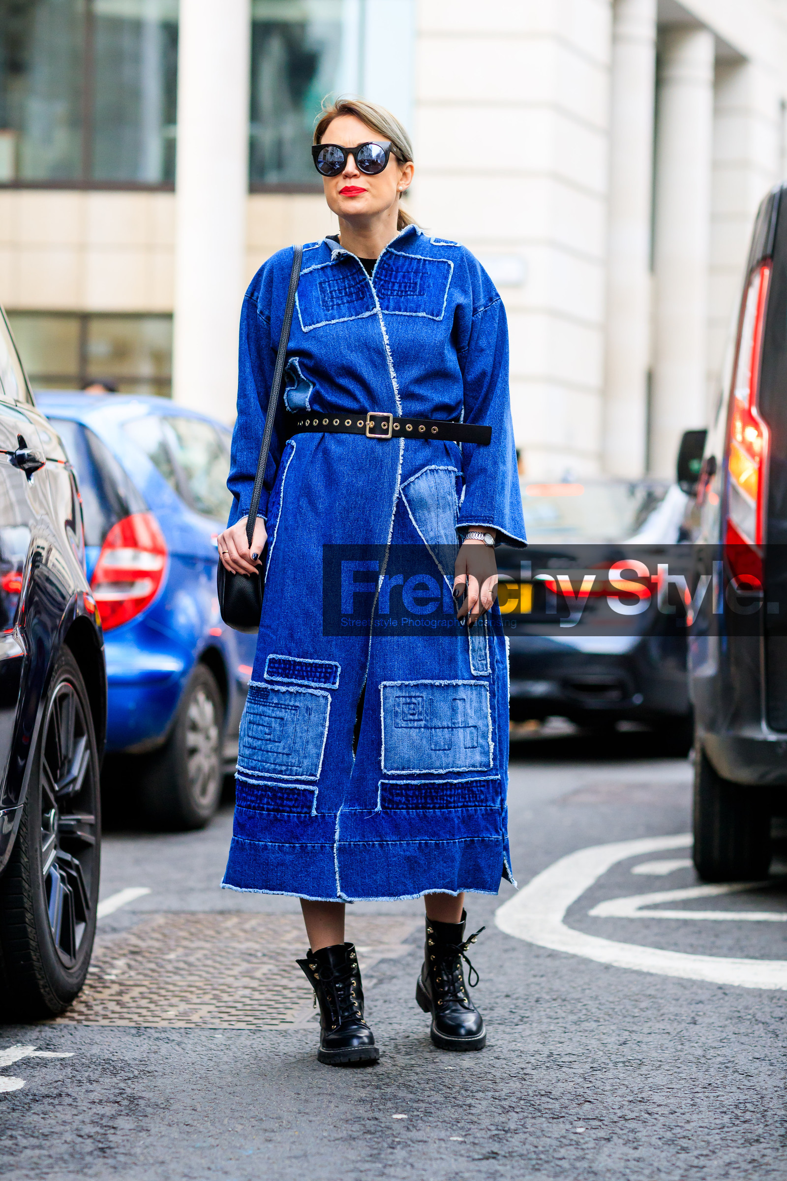 AUTUMN WINTER 2017-2018, AW 17-18, black belt, black boots, black shoes, blue denim, denim coat, denim dress, FALL WINTER 2017-2018, fashion week, frenchystyle, full length, FW, FW 17-18, jonathan paciullo, leather bag, leather shoes, LFW, LONDON, street style, sunglasses, vertical