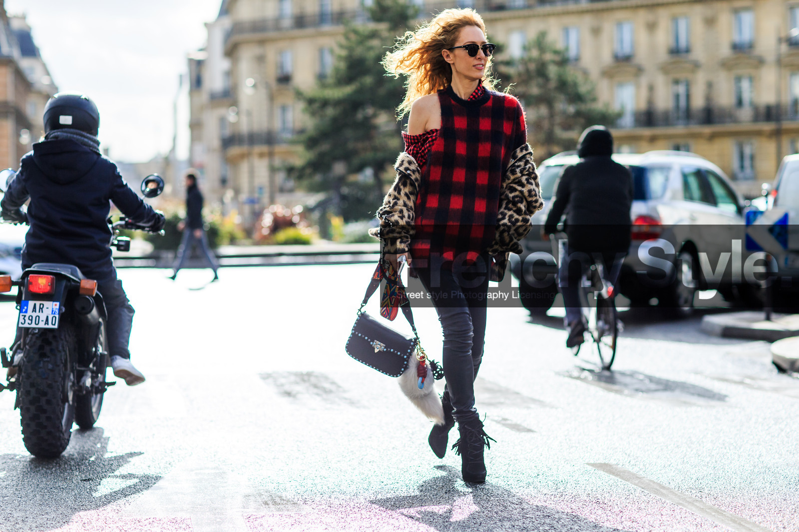 animal print, atmosphere details, AUTUMN WINTER 2016-2017, AW 16-17, black bag, black boots, black denim, check shirt, checked sweater, denim pants, elina halimi, FALL WINTER 2016-2017, fashion week, frenchystyle, full length, FW, FW 16-17, high heels, horizontal, jeans, jonathan paciullo, leather bag, leather boots, leopard print, leopard sweater, PARIS, PFW, plaid, red sweater, street style, studded bag, suede shoes, sunglasses, tartan, trousers