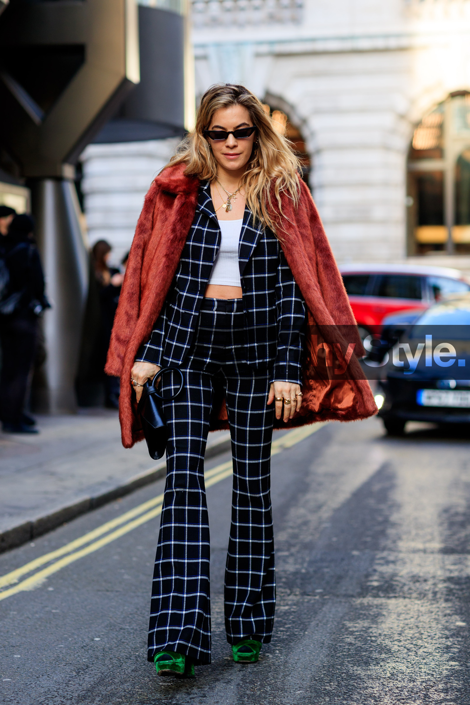black bag, black pants, black suit, checked, checked suit, crop top, fur jacket, graphic jacket, graphic pants, graphic suit, green shoes, high heels, leather shoes, over the shoulder, plaid, printed jacket, printed pants, printed suit, red fur, sunglasses, trousers, velvet, white top, fashion week, frenchystyle, FW, jonathan paciullo, street style, LFW, LONDON, AUTUMN WINTER 2018-2019, AW 18-19, FALL WINTER 2018-2019, FW 18-19, vertical, full length, chelsea leyland