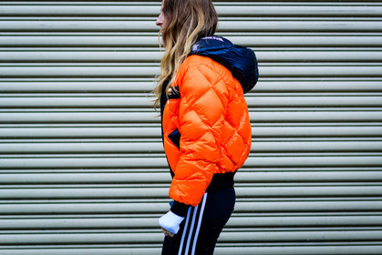 adidas, annie georgia greenberg, atmosphere details, AUTUMN WINTER 2017-2018, AW 17-18, black pants, detail, down jacket, FALL WINTER 2017-2018, fashion week, frenchystyle, FW, FW 17-18, hood, horizontal, jonathan paciullo, NEW YORK, NYFW, orange jacket, oversize, street style, sweatpants, trousers