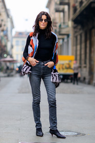 AUTUMN WINTER 2017-2018, AW 17-18, black denim, black shoes, black sweater, denim pants, FALL WINTER 2017-2018, fashion week, frenchystyle, full length, fur jacket, FW, FW 17-18, graphic jacket, Hedvig Sagfjord Opshaug, high heels, jeans, jonathan paciullo, leather shoes, MFW, MILAN, multicolor jacket, printed jacket, sleeveless, street style, striped jacket, sunglasses, trousers, turtleneck sweater, vertical