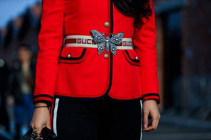 black pants, blazer, glitter, graphic pants, gucci, printed pants, red jacket, stripes, trousers, white belt, fashion week, frenchystyle, FW, jonathan paciullo, street style, MFW, MILAN, AUTUMN WINTER 2018-2019, FALL WINTER 2018-2019, FW 18-19, horizontal, atmosphere details, yuwei zhangzou