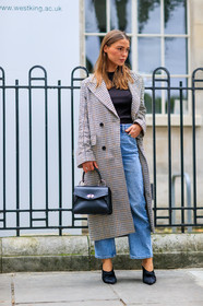 beige coat, black bag, black shoes, blue denim, brown knit, checked jacket, denim pants, fashion week, frenchystyle, full length, FW, graphic jacket, high heels, jeans, jonathan paciullo, leather bag, leather shoes, LFW, LONDON, plaid, printed jacket, SPRING SUMMER 2018, SS 18, street style, trousers, vertical