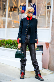 black jacket, black pants, black shoes, brown boot, green bag, leather bag, leather pants, leather shoes, ralph lauren, sunglasses, trousers, xenia adonts, frenchystyle, jonathan paciullo, street style, NYFW, NEW YORK, AUTUMN WINTER 2019-2020, AW 19-20, FALL WINTER 2019-2020, FW 19-20, fashion week, FW, vertical, full length