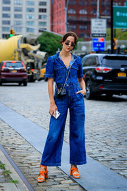 black bag, blue denim, denim jumpsuit, denim pants, headband, high heels, jeans, leather bag, leather shoes, mini bag, orange shoes, sunglasses, trousers, fashion week, frenchystyle, FW, jonathan paciullo, street style, NEW YORK, NYFW, SPRING SUMMER 2020, SS 20, vertical, full length
