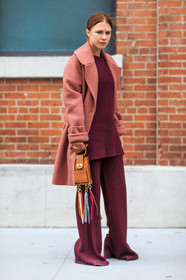 AUTUMN WINTER 2016-2017, AW 16-17, brown bag, camel bag, chloe, courtney trop, FALL WINTER 2016-2017, fashion week, frenchystyle, fringes, full length, FW, FW 16-17, jonathan paciullo, leather bag, mini bag, NEW YORK, NYFW, oversize, pink coat, pink top, pink trousers, pompons, street style, tone on tone, total look pink, total look red, vertical, wide pants, woman