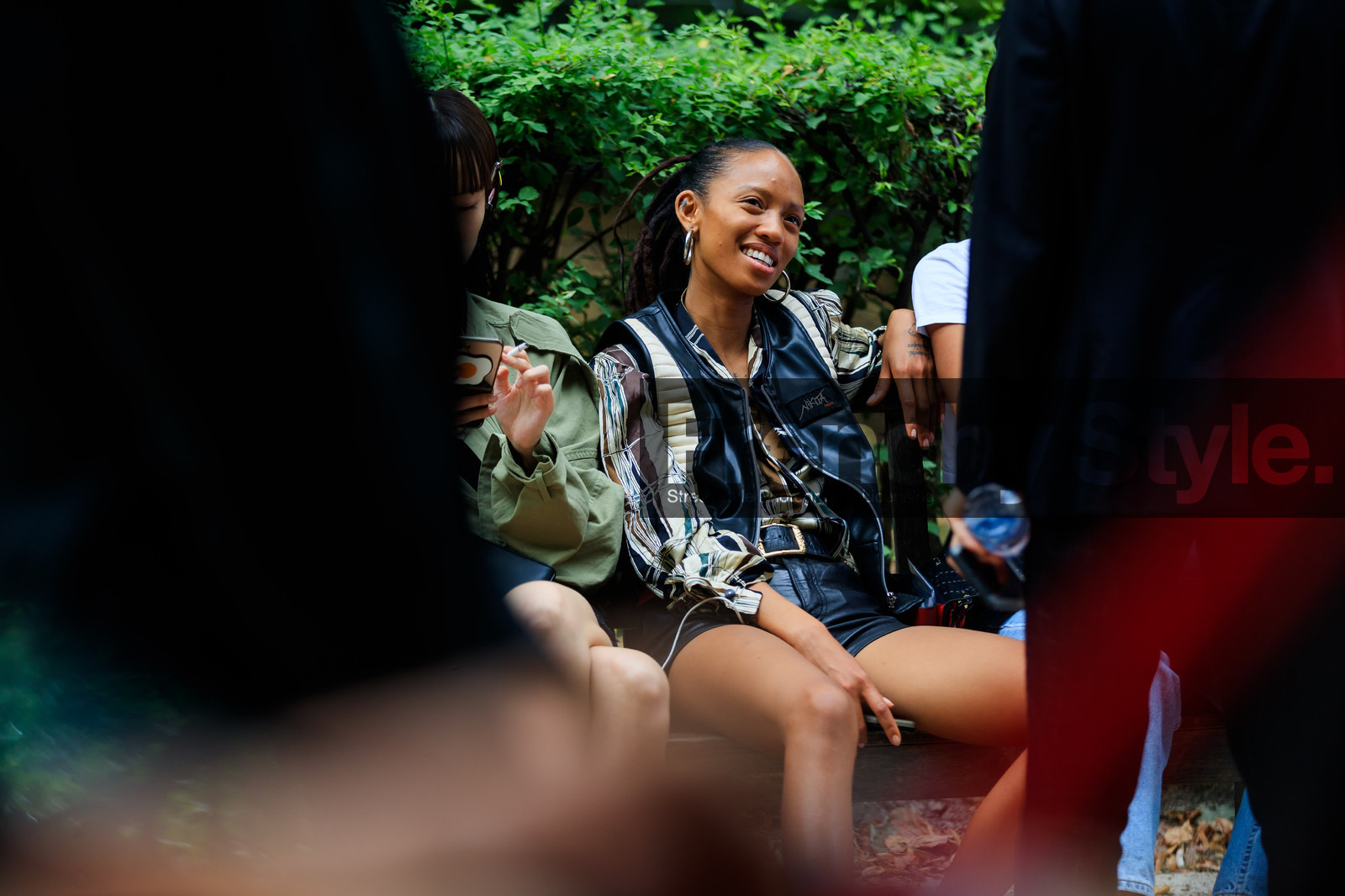 black shorts, graphic jacket, leather jacket, leather shorts, long hair, printed jacket, fashion week, frenchystyle, FW, jonathan paciullo, street style, PFW, PARIS, horizontal, atmosphere details, detail, model, AUTUMN WINTER 2018-2019, FALL WINTER 2018-2019, FW 18-19, adesuwa