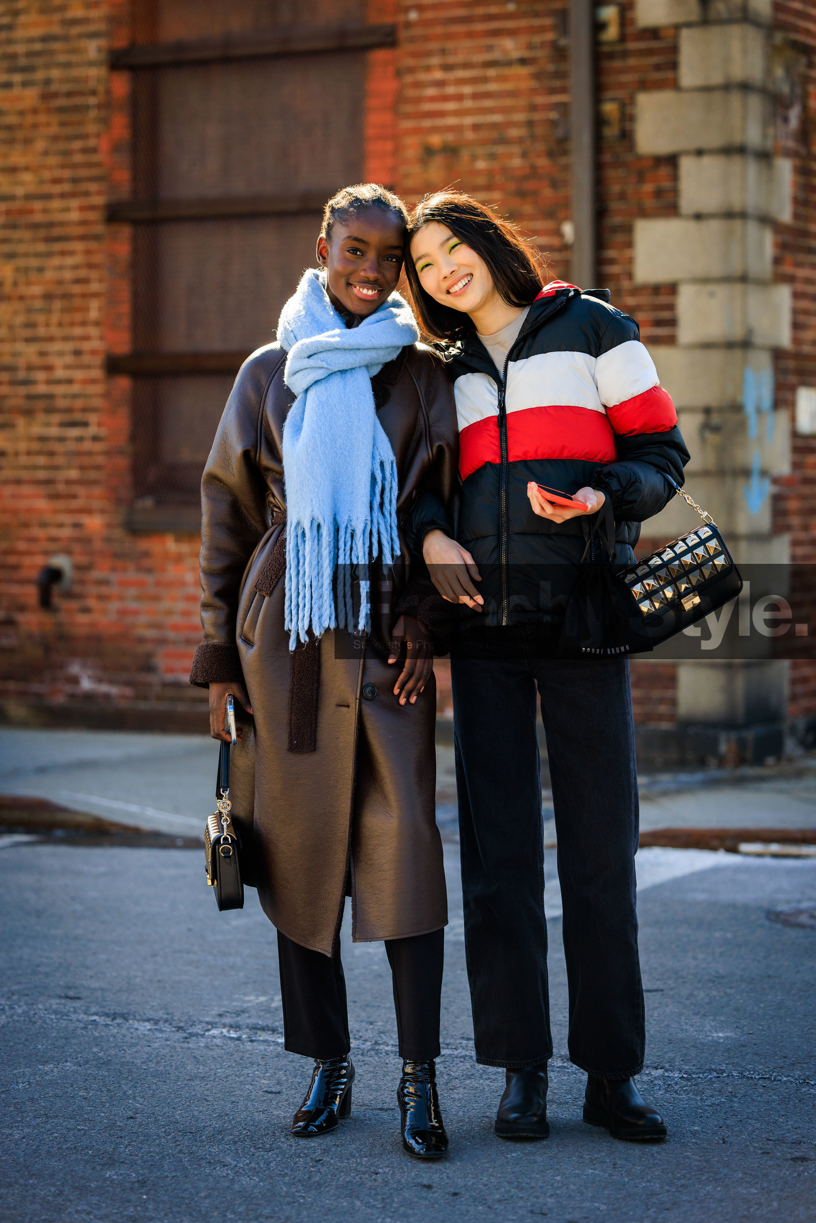 blue scarf, brown trench coat, black pattent boot, black handbag, puffe jacket, striped jacket, winter outwear, black straightcut pants, black studded bag, leather boots, handbag, pencil bag, street style, jonathan paciullo, FW, frenchystyle, fashion week, NYFW, NEW YORK, AUTUMN WINTER 2022-2023, FALL WINTER 2022_2023, FW 22-23, vertical, full length