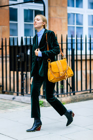alexandra carl, black boots, blazer, camel bag, chloe, emerald, fashion week, frenchystyle, full length, FW, green jacket, green pants, green suit, high heels, jonathan paciullo, leather bag, leather boots, leather shoes, LFW, LONDON, SPRING SUMMER 2017, SS 17, street style, studs, suede bag, trousers, velvet, velvet suit, vertical, woman