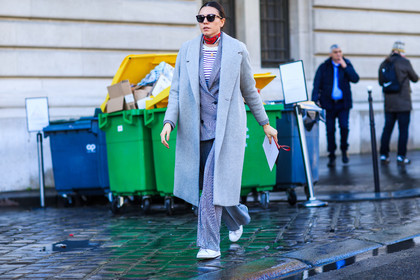 adidas, atmosphere details, AUTUMN WINTER 2016-2017, AW 16-17, blazer, FALL WINTER 2016-2017, fashion week, frenchystyle, full length, FW, FW 16-17, grey coat, grey jacket, grey pants, grey suit, horizontal, jonathan paciullo, leather sneakers, overcoat, PARIS, PFW, red scarf, stan smith, street style, sunglasses, tone on tone, total look grey, trousers, white sneakers