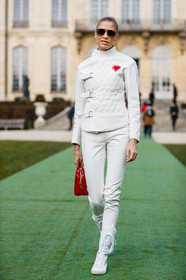 christian dior, leather bag, leather boots, leather pants, leather shoes, leather top, red bag, trousers, white boots, white pants, white top, fashion week, frenchystyle, FW, jonathan paciullo, street style, PFW, PARIS, SPRING SUMMER 2017, SS 17, HAUTE COUTURE, vertical, full length, elena perminova