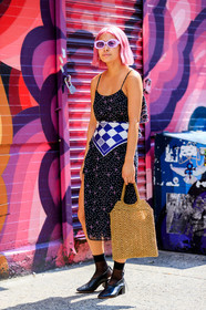 beige bag, black dress, black shoes, black socks, blue scarf, checked, dyed hair, graphic dress, leather bag, leather shoes, pink hair, plaid, printed dress, printed scarf, sunglasses, fashion week, frenchystyle, FW, jonathan paciullo, street style, NYFW, NEW YORK, SPRING SUMMER 2019, SS 19, vertical, full length