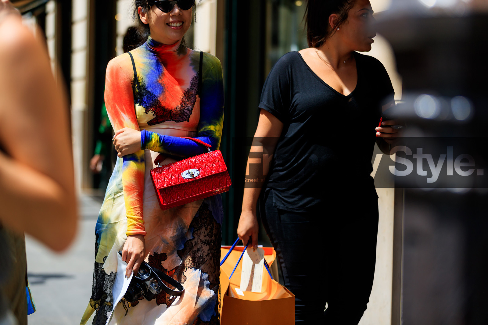 graphic dress, lace dress, leather bag, miu miu, multicolor sweater, printed dress, red bag, sunglasses, tie & die, fashion week, frenchystyle, FW, jonathan paciullo, street style, PFW, PARIS, atmosphere details, horizontal, detail, AUTUMN WINTER 2018-2019, FALL WINTER 2018-2019, FW 18-19, susie lau