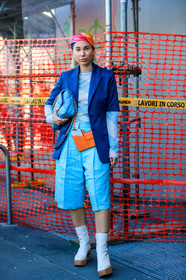 navy blue jacket, light blue pullover, light blue bermuda shorts, light blue leather bag, orange leather bag, quilted bag, chanel bag, fendi bag, crossbody bag, mini bag, hair scarf, striped pullover, lurex pullover, multicolor scarf, orange scarf, red scarf, pink scarf, short sleeves jacket, white leather boots, low boots, platform shoes, fashion week, frenchystyle, FW, jonathan paciullo, street style, MFW, MILAN, AUTUMN WINTER 2020-2021, FALL WINTER 2020-2021, FW 20-21, vertical, full length