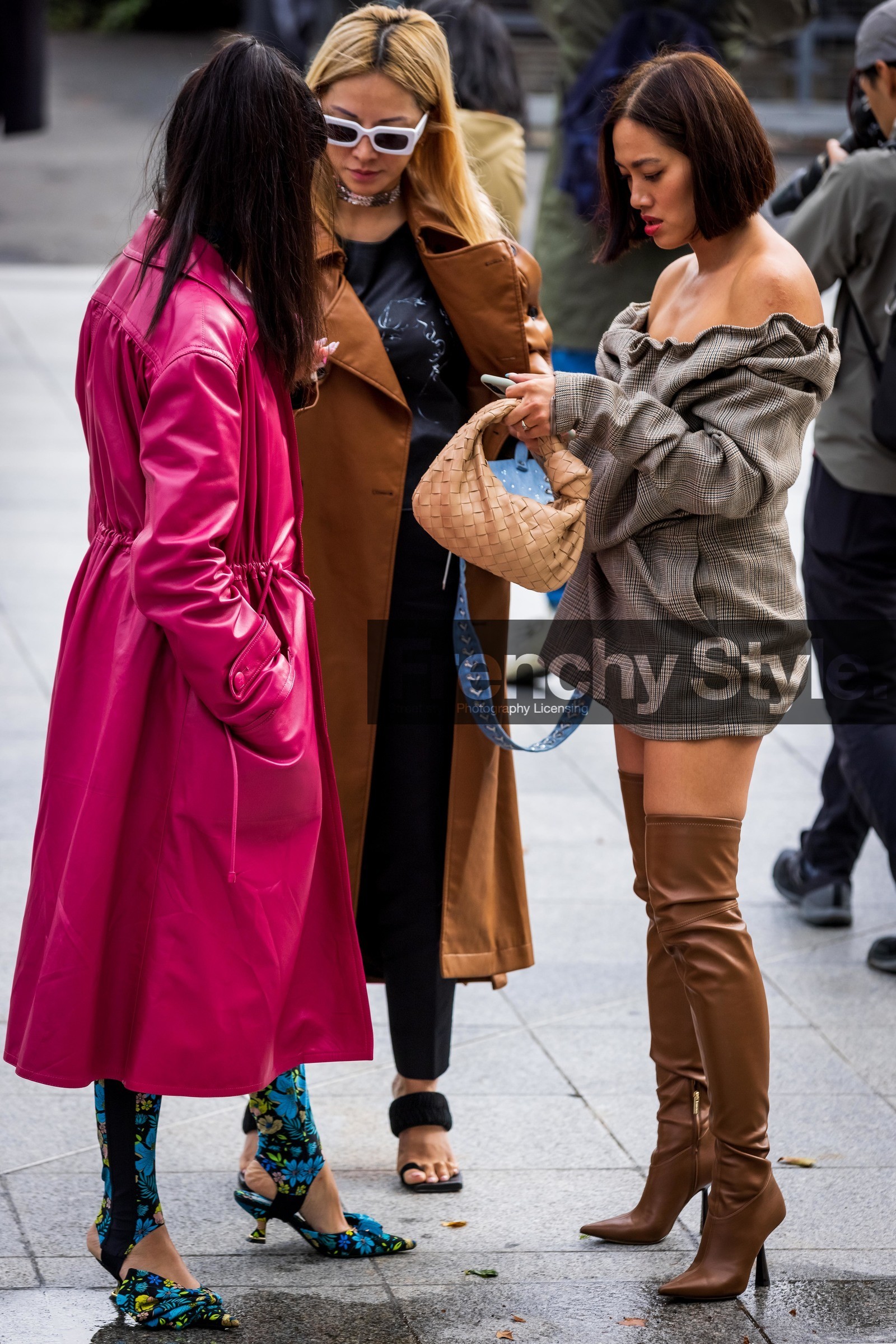 bag, beige bag, black sandals, blue heels, boots, bottega veneta bag, camel coat, check, coat, dress, floral print, flower, grey dress, heels, hight boots, leather bag, leather coat, legging, off-shoulder dress, pink coat, print, printed dress, printed heels, printed legging, short, sunglasses, Susie Lau, tartan dress, Tffany Hsu, Tina Leung, white sunglasses, fashion week, frenchystyle, FW, jonathan paciullo, street style, PFW, PARIS, SPRING SUMMER 2022, SS 22, vertical, full length