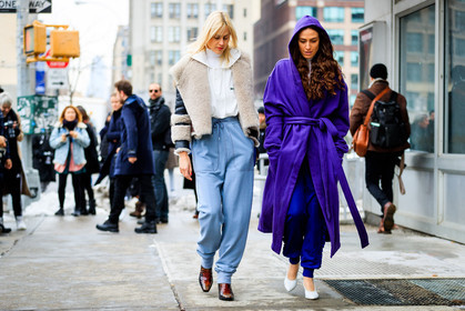 atmosphere details, AUTUMN WINTER 2017-2018, AW 17-18, beige fur, black jacket, blue pants, brown boots, erika boldrin, FALL WINTER 2017-2018, fashion week, frenchystyle, full length, fur collar, FW, FW 17-18, high heels, hood, horizontal, jonathan paciullo, lacoste, leather boots, leather jacket, linda tol, NEW YORK, NYFW, purple jacket, robe, shearling, street style, sweatpants, trousers, white shirt, white shoes, white sweater