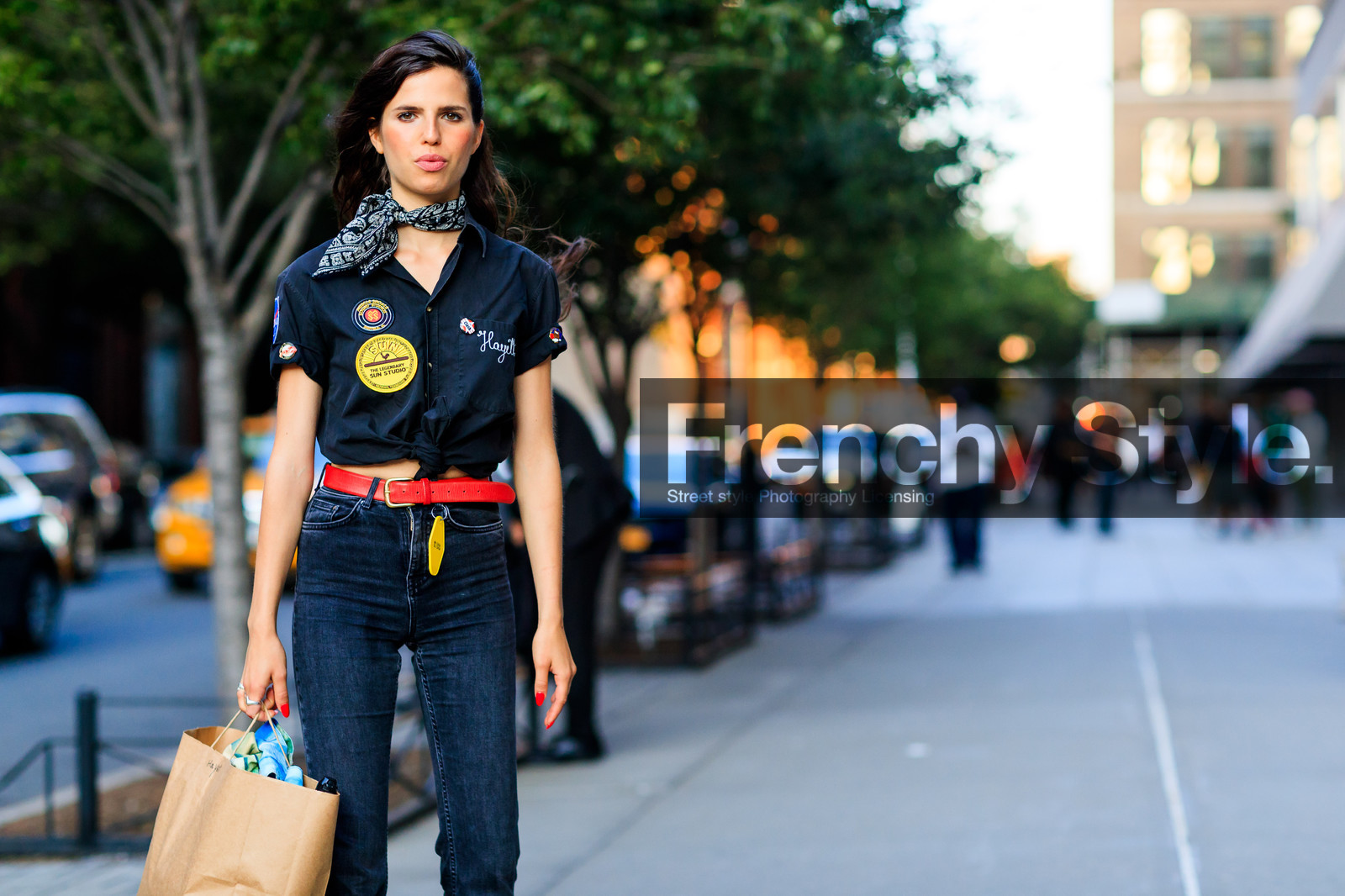 atmosphere details, black bandana, black denim, black shirt, denim pants, detail, fashion week, frenchystyle, FW, Hayett McCarthy, horizontal, jeans, jonathan paciullo, leather belt, model, NEW YORK, NYFW, pins, red belt, SPRING SUMMER 2018, SS 18, street style, trousers