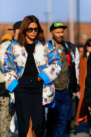 black skirt, black sweater, Christine Centenera, floral, flowers, graphic jacket, printed jacket, sunglasses, white jacket, fashion week, frenchystyle, FW, jonathan paciullo, street style, MFW, MILAN, AUTUMN WINTER 2019-2020, AW 19-20, FALL WINTER 2019-2020, FW 19-20, vertical, atmosphere details, detail