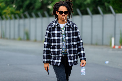 black belt, black denim, black jacket, checked, checked jacket, denim pants, graphic jacket, jeans, plaid, printed jacket, printed t shirt, sunglasses, trousers, white t shirt, fashion week, frenchystyle, FW, jonathan paciullo, street style, PFW, PARIS, atmosphere details, horizontal, detail, AUTUMN WINTER 2018-2019, FALL WINTER 2018-2019, FW 18-19, luka sabbat