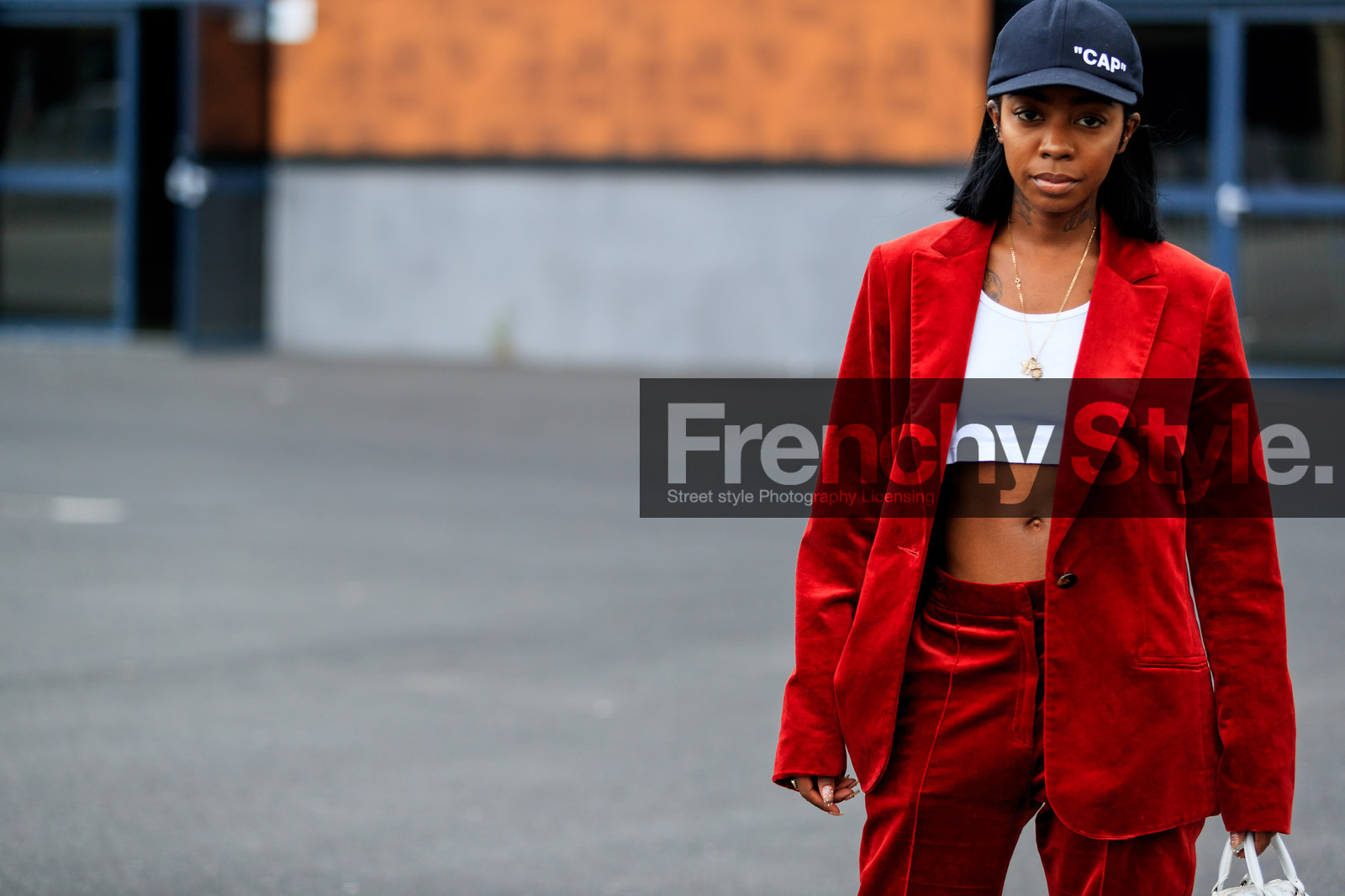 black cap, blazer, crop top, graphic bag, leather bag, monogram, printed bag, red jacket, red pants, red suit, trousers, vêtements, white bag, white top, fashion week, frenchystyle, FW, jonathan paciullo, street style, PFW, PARIS, atmosphere details, horizontal, detail, AUTUMN WINTER 2018-2019, FALL WINTER 2018-2019, FW 18-19