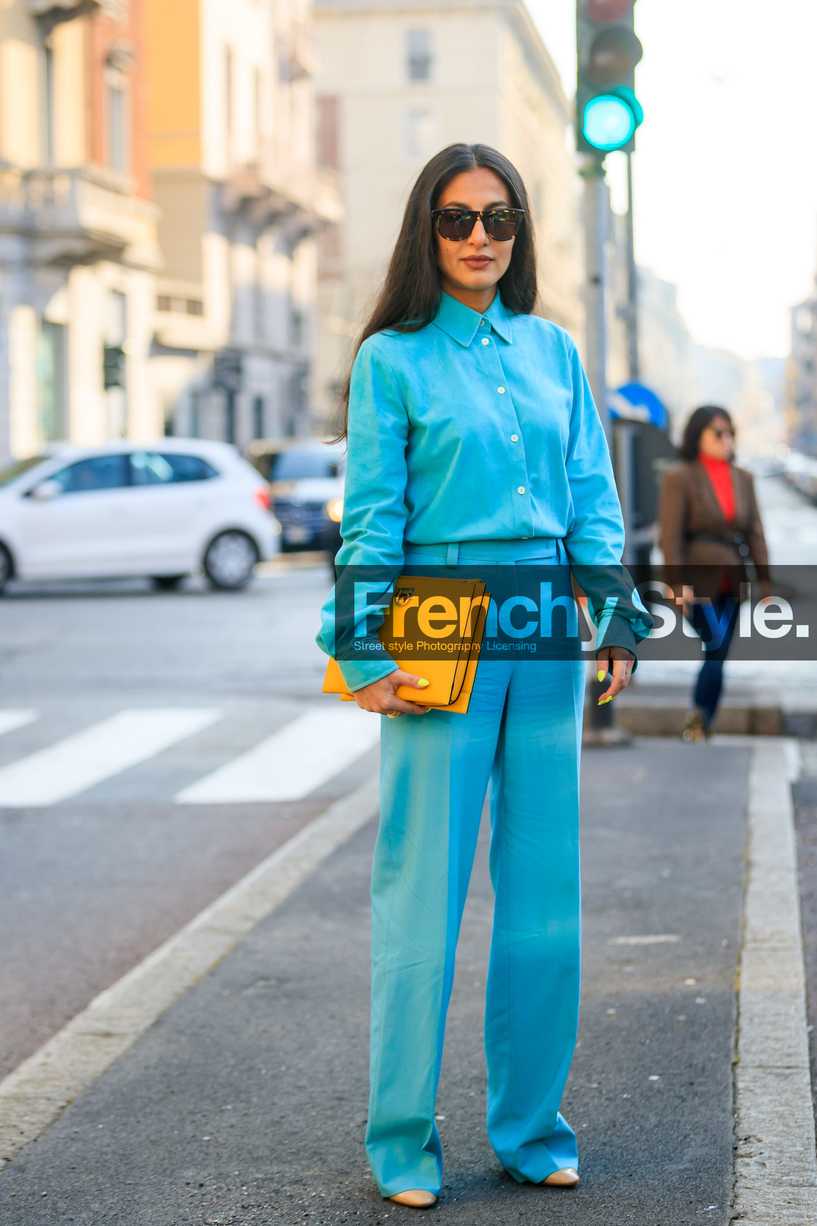 nausheen shah, light blue shirt, light blue pants, yellow leather clutch, ferragamo bag, silk shirt, flare pants, scale sunglasses, bottega veneta sunglasses, fashion week, frenchystyle, FW, jonathan paciullo, street style, MFW, MILAN, AUTUMN WINTER 2020-2021, FALL WINTER 2020-2021, FW 20-21, vertical, full length