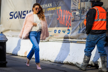 atmosphere details, AUTUMN WINTER 2016-2017, AW 16-17, blue denim, denim pants, earrings, FALL WINTER 2016-2017, fashion week, frenchystyle, full length, fur coat, fur jacket, FW, FW 16-17, high heels, horizontal, jeans, jonathan paciullo, NEW YORK, NYFW, pink fur, pink heels, street style, striped clutch, suede shoes, sunglasses, trousers, white knit, white sweater, woman