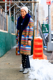 AUTUMN WINTER 2017-2018, AW 17-18, black and white shoes, black denim, black sweater, blue fur, brown bag, denim pants, embroidered coat, FALL WINTER 2017-2018, fashion week, frenchystyle, full length, fur collar, FW, FW 17-18, geometric, graphic bag, high heels, jeans, jonathan paciullo, laser cut, leather bag, multicolor jacket, NEW YORK, NYFW, polka dot, printed boots, red scarf, street style, tamu mcpherson, trousers, vertical, white beanie, wood bag