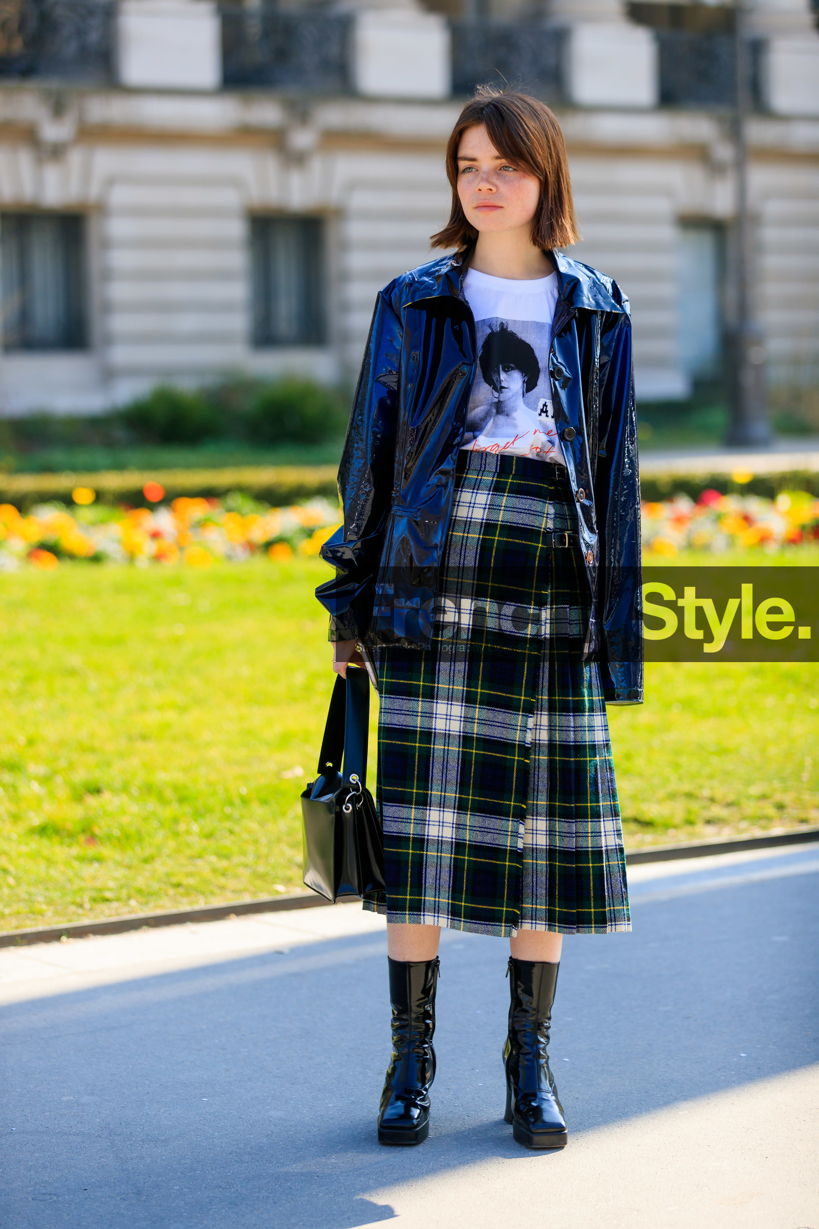black bag, black jacket, black shoes, checked, graphic skirt, green skirt, leather bag, leather jacket, leather shoes, molly and reese blustein, plaid, printed skirt, printed t shirt, tartan, white t shirt, PARIS, PFW, street style, jonathan paciullo, FW, frenchystyle, fashion week, AUTUMN WINTER 2019-2020, AW 19-20, FALL WINTER 2019-2020, FW 19-20, vertical, full length