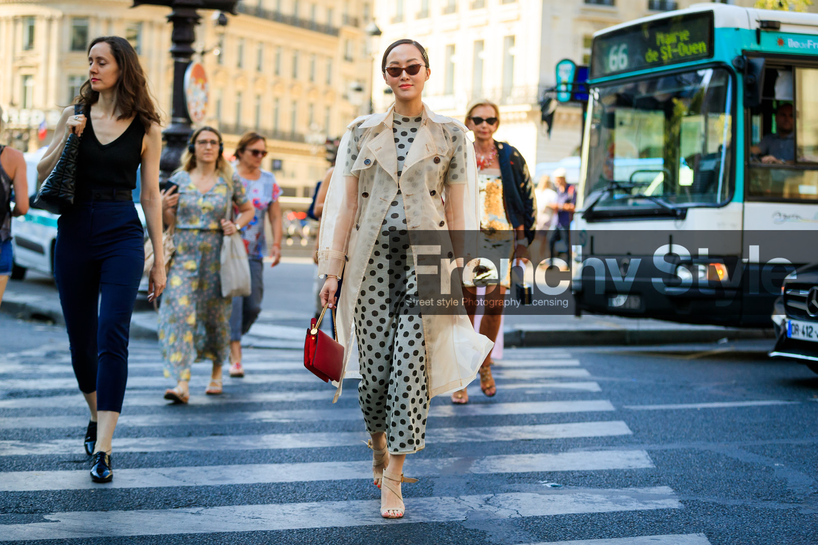 beige coat, graphic dress, grey dress, leather bag, leather shoes, nude sandals, polka dot, printed dress, red bag, see through, sunglasses, trench coat, fashion week, frenchystyle, FW, jonathan paciullo, street style, PFW, PARIS, atmosphere details, horizontal, full length, AUTUMN WINTER 2018-2019, FALL WINTER 2018-2019, FW 18-19, Chriselle Lim
