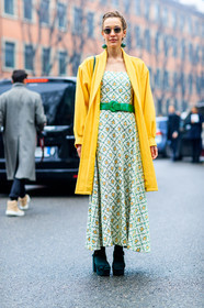 AUTUMN WINTER 2017-2018, AW 17-18, black shoes, braids, bustier dress, earrings, emerald, FALL WINTER 2017-2018, fashion week, floral, flower, frenchystyle, full length, FW, FW 17-18, graphic dress, green belt, green shoes, high heels, jonathan paciullo, leather belt, leather shoes, MFW, MILAN, printed dress, street style, sunglasses, vertical, yellow coat