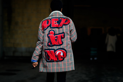 atmosphere details, AUTUMN WINTER 2017-2018, AW 17-18, back detail, checked jacket, detail, embroidered jacket, embroideries, FALL WINTER 2017-2018, fashion week, frenchystyle, fringes, FW, FW 17-18, horizontal, jonathan paciullo, message, MFW, MILAN, plaid, printed jacket, street style, tamu mcpherson