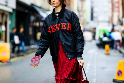 atmosphere details, black jacket, bomber jacket, detail, fashion week, frenchystyle, FW, horizontal, jonathan paciullo, LFW, LONDON, pleated dress, red dress, SPRING SUMMER 2017, SS 17, street style, velvet, woman