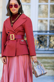 aimee song, animal print, blazer, brown bag, christian dior, graphic bag, leather bag, necklace, pink skirt, pleated skirt, printed bag, red belt, red jacket, snake print, sunglasses, fashion week, frenchystyle, FW, jonathan paciullo, street style, PFW, PARIS, AUTUMN WINTER 2019-2020, AW 19-20, FALL WINTER 2019-2020, FW 19-20, vertical, atmosphere details, detail
