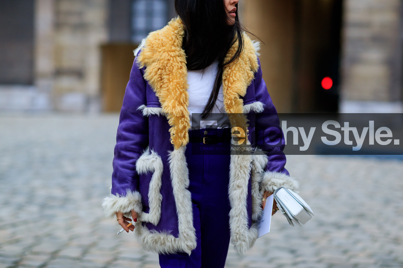 fur jacket, leather bag, prada, purple jacket, purple pants, shearling, trousers, white bag, white fur, white t shirt, yellow fur, fashion week, frenchystyle, FW, jonathan paciullo, street style, PFW, PARIS, SPRING SUMMER 2017, SS 17, HAUTE COUTURE, atmosphere details, detail, horizontal, gilda ambrosio