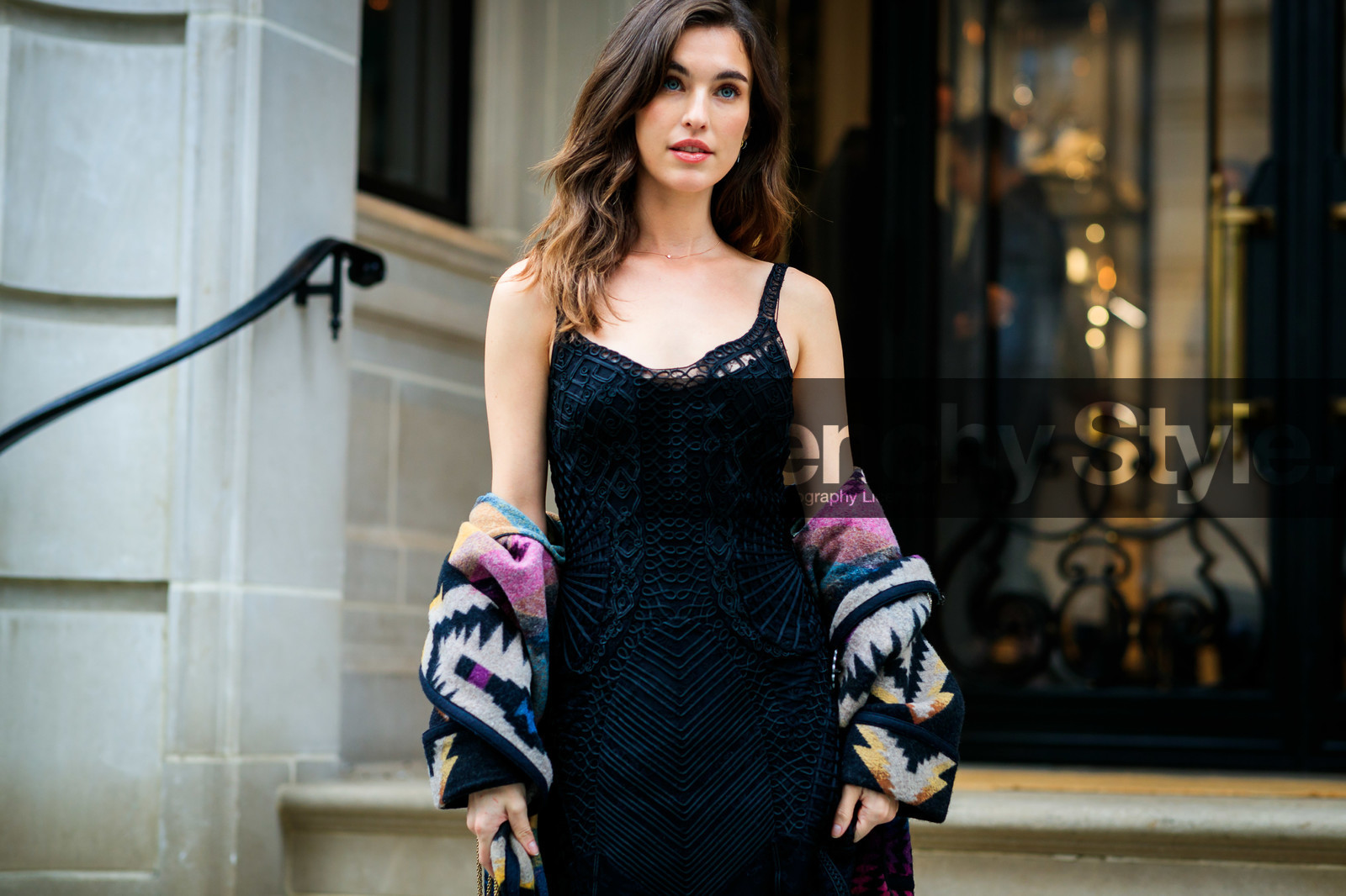 black bag, black dress, graphic jacket, leather bag, multicolor jacket, off the shoulder, patchwork, printed jacket, ralph lauren, frenchystyle, jonathan paciullo, street style, NYFW, NEW YORK, AUTUMN WINTER 2019-2020, AW 19-20, FALL WINTER 2019-2020, FW 19-20, fashion week, FW, atmosphere details, horizontal, detail