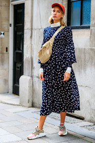 adidas, beige bag, beige sneakers, blue dress, fanny pack, floral, flowers, graphic dress, leather bag, leather shoes, printed dress, red cap, fashion week, frenchystyle, FW, jonathan paciullo, street style, LFW, LONDON, SPRING SUMMER 2019, SS 19, vertical, full length