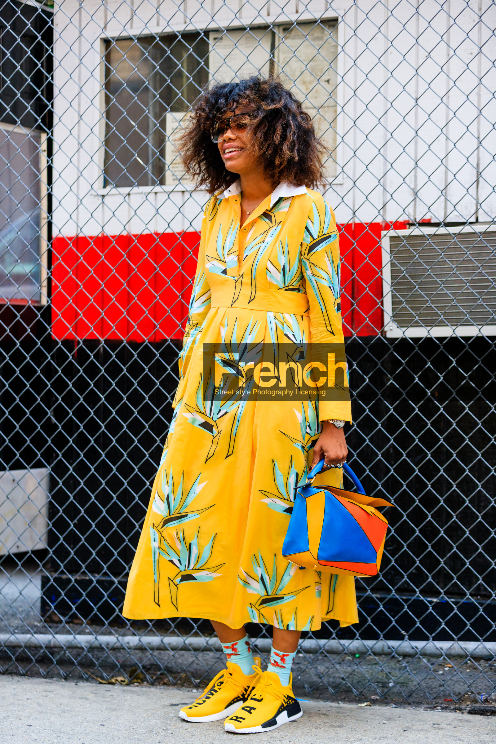 fashion week, fendi, floral, flower, frenchystyle, full length, FW, geometric, graphic bag, jonathan paciullo, loewe, multicolor bag, NEW YORK, NYFW, printed bag, printed dress, SPRING SUMMER 2017, SS 17, street style, vertical, woman, yellow dress, yellow sneakers