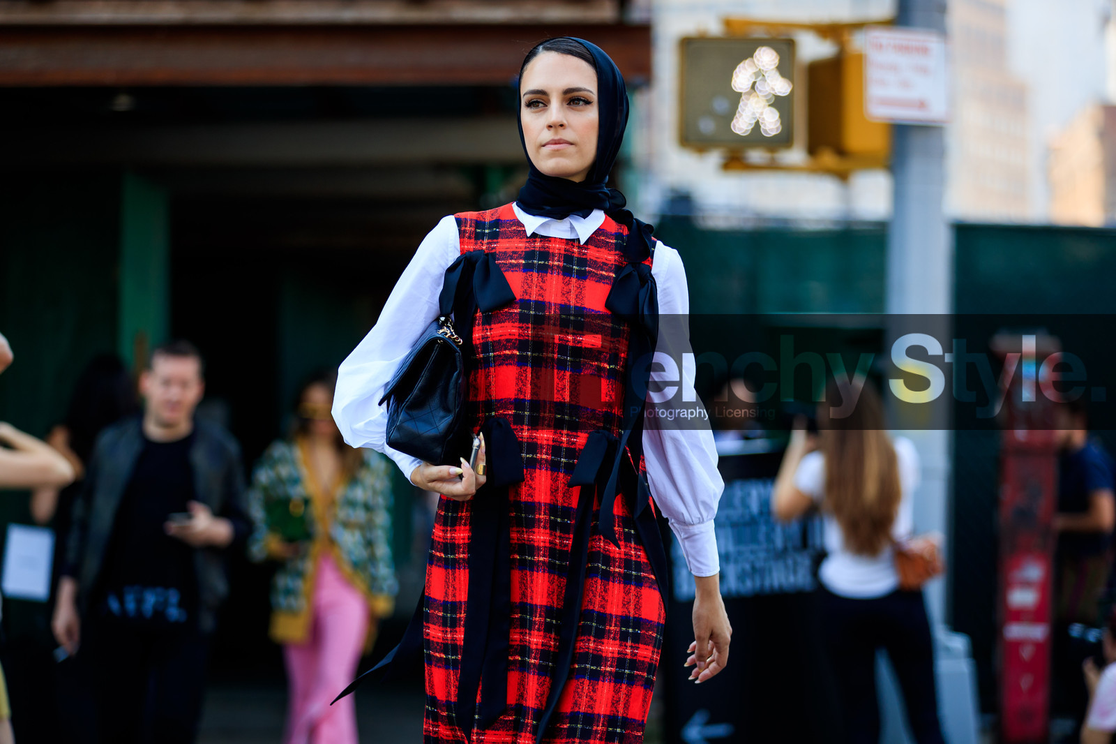 black bag, black scarf, chanel handbag, checked, graphic dress, headscarf, leather bag, plaid, printed dress, red dress, tartan, white shirt, fashion week, frenchystyle, FW, jonathan paciullo, street style, NYFW, NEW YORK, SPRING SUMMER 2019, SS 19, atmosphere details, horizontal, detail