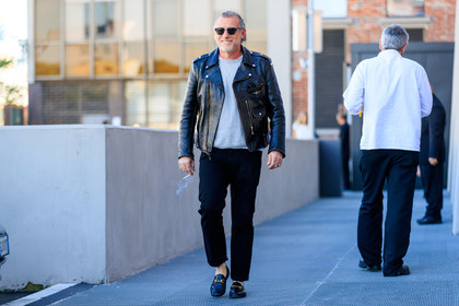 atmosphere details, black jacket, black loafers, black pants, black perfecto, black shoes, fashion week, frenchystyle, full length, FW, grey sweater, gucci, horizontal, jonathan paciullo, leather perfecto, leather shoes, MFW, MILAN, SPRING SUMMER 2018, SS 18, street style, sunglasses, trousers