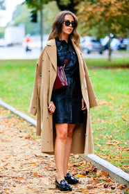 black leather dress, mini dress, button dress, belted dress, burgundy leather bag, bucket bag, crossbody bag, black sunglasses, black leather loafers, golden bracelet, ankle bracelet, camel coat, beige coat, openwork coat, studs coat, sarah lou falk, street style, jonathan paciullo, FW, frenchystyle, fashion week, MFW, MILAN, SPRING SUMMER 2021, SS 21, vertical, full length