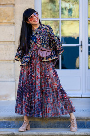 christian dior, floral, flowers, graphic dress, graphic jacket, leather bag, leather shoes, multicolor jacket, pink bag, pink dress, pink sneakers, printed dress, printed jacket, purple dress, saddle bag, sunglasses, susie lau, fashion week, frenchystyle, FW, jonathan paciullo, street style, PFW, PARIS, AUTUMN WINTER 2019-2020, AW 19-20, FALL WINTER 2019-2020, FW 19-20, vertical, full length