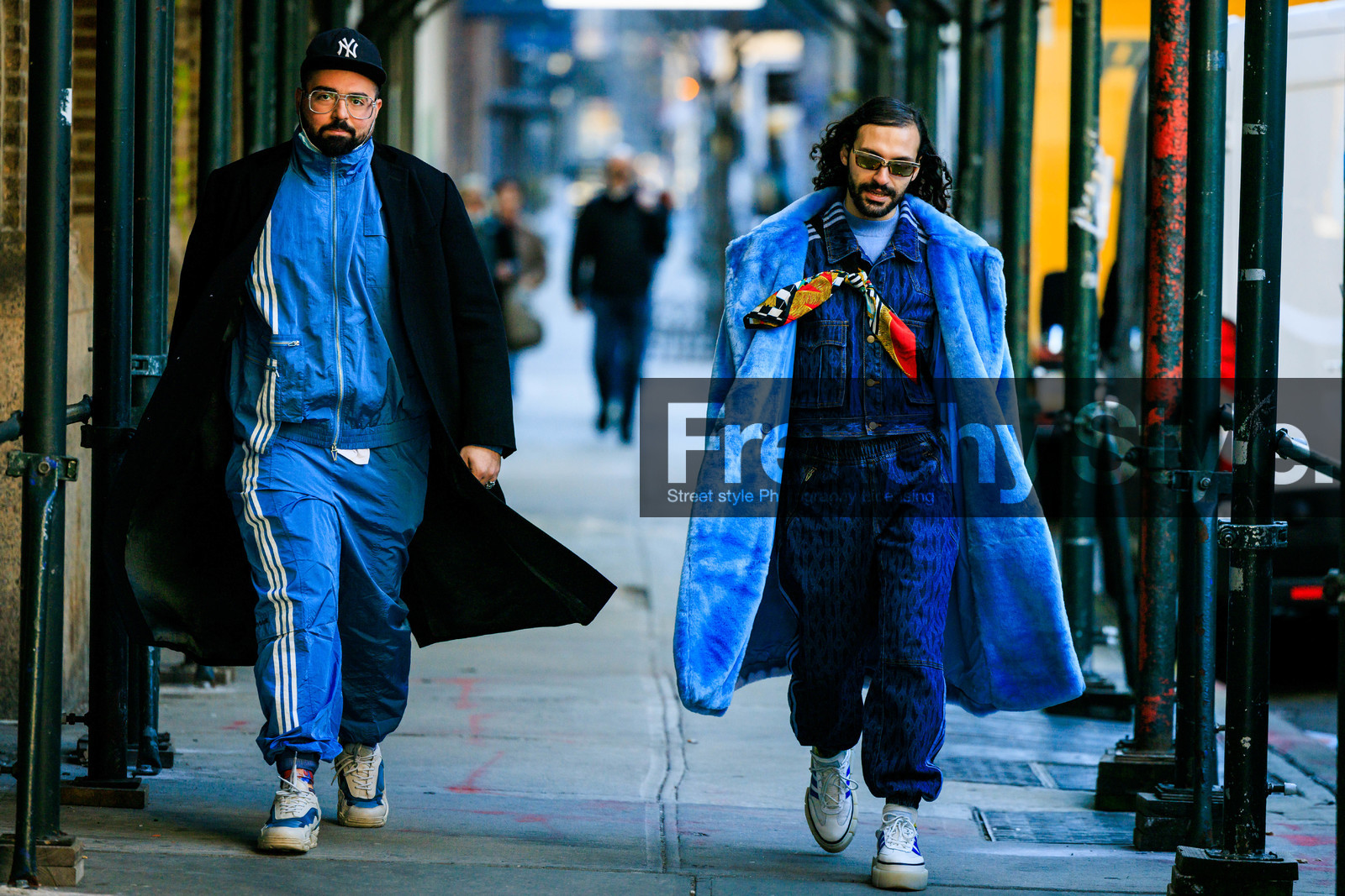 blue adidas tracksuit, white sneakers, new york black cap, black long coat, sun glasses, furry blue coat, denim suit, denim jacket, baggy blue jeans, printed scarf, glasses, dandy style, mens style, menswear, fashion week, frenchystyle, FW, jonathan paciullo, street style, NYFW, NEW YORK, AUTUMN WINTER 2022-2023, FALL WINTER 2022_2023, FW 22-23, atmosphere details, horizontal, full length